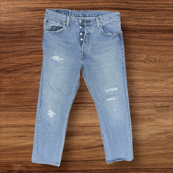 Levi's 501 93 Jeans Thrashed Repaired W32 L30 Men's Light Wash Denim Button Fly - Picture 1 of 10
